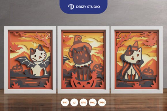 Halloween Cat Witches 3D SVG for Shadow Boxes