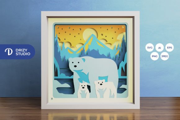 Polar Bear Family 3D SVG for Shadow Boxes & Branding